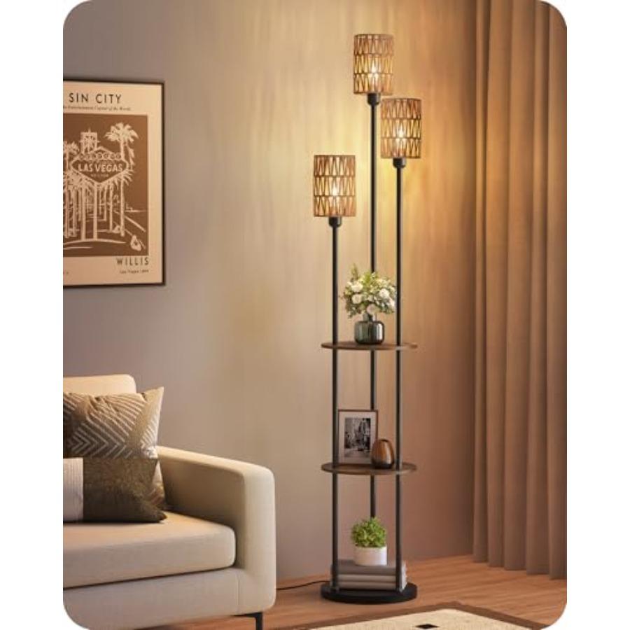 

Boho Floor Lamp with Shelves and Foot Switch 3-Light Standing Lamp in Rustic Brown and Yellow for Living Room Bedroom Study