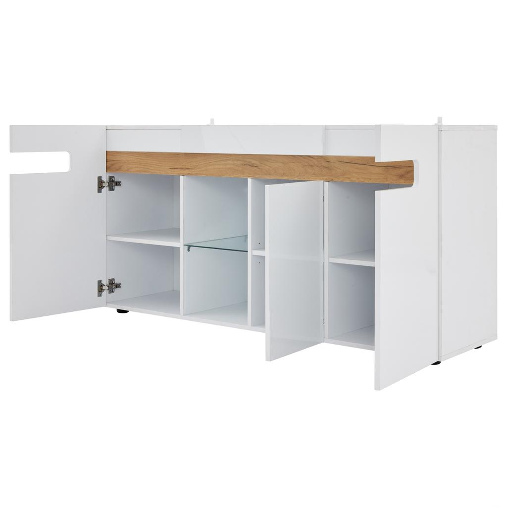 Modernes 3-türiges Sideboard, LED-Lichtsteuerung, App-Steuerung, 140x40x70 cm Hochglanz Wohnzimmermöbel, Weiß mit Glasboden, Aufbewahrungsschrank