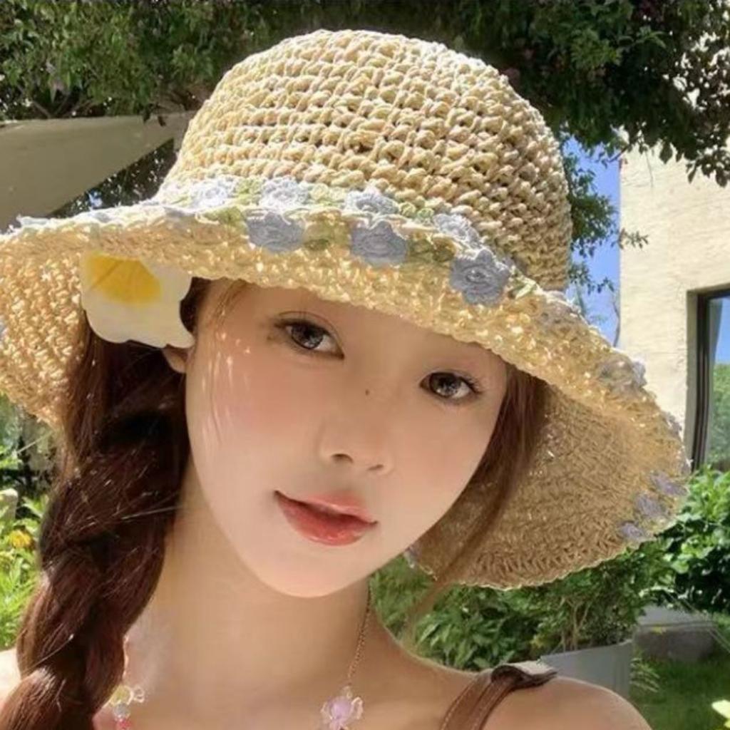 Flower Fisherman Hat Summer Beach Vacation Sun Hat Brim Straw Hat Foldable Sun Hat
