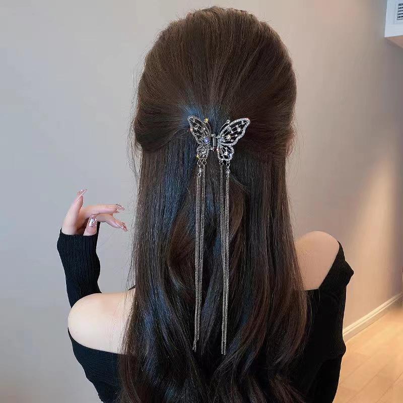New Crystal Rhinestone Butterfly Pearl Tassel Hairpin Korean Simple Hollow Out Pearl Rhinestone Hair Clip Side Clip Shark Clip