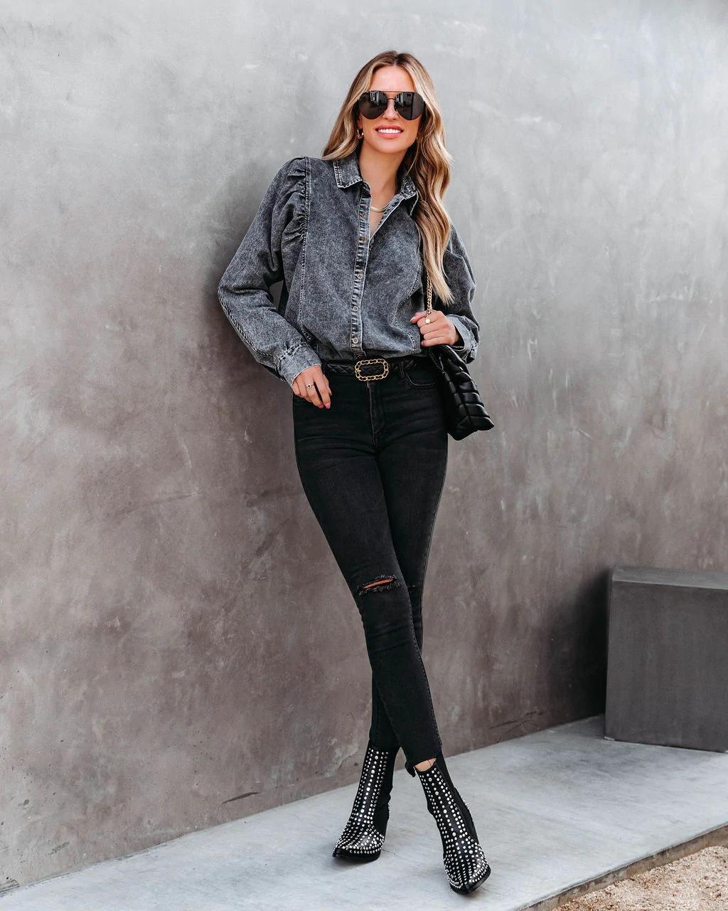 

Женская новая осенне-зимняя джинсовая рубашка с лацканами в стиле кэжуал, свободная, состаренная, на пуговицах, Y2k XL