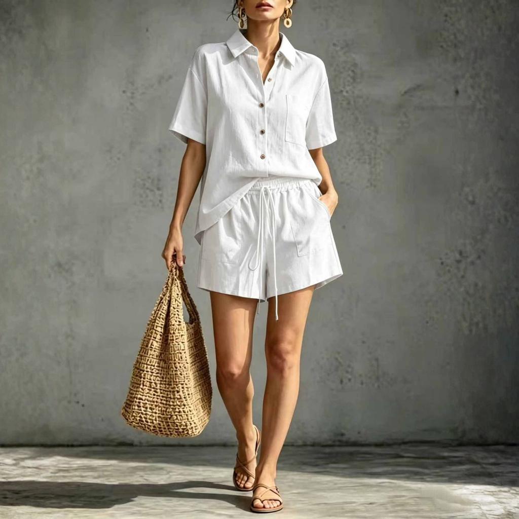 Linen Sets For Women 2 Piece Short Sleeve Button Down Shirt And Shorts Casual Comfy Cotton Outfits