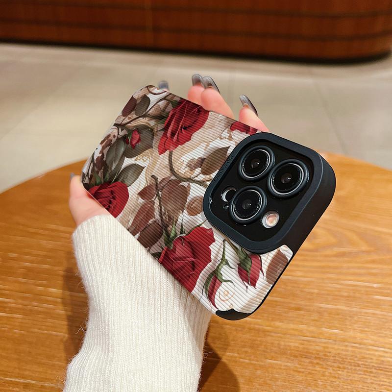 Funda Trasera de Cuero con Grano Vertical y Estampado Floral de Silicona Suave con Protección Completa para la Lente de la Cámara para Samsung