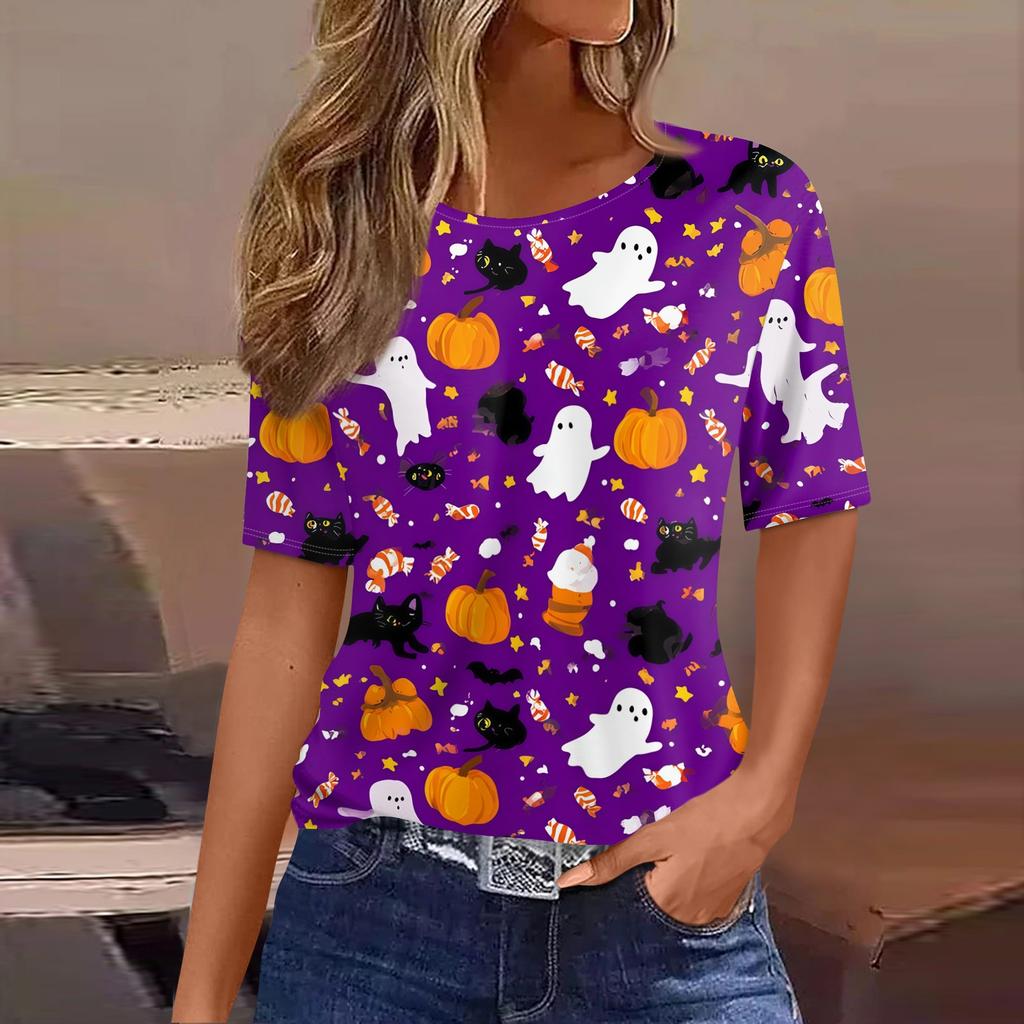 Women's Casual Short Sleeve Pullover Top Halloween Spider Web Pumpkin Print Round Neck Blouse Lightweight Comfortable Fit
