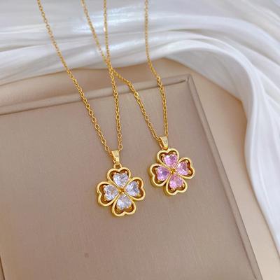 Empty Lucky Grass Light Luxury Temperament Gorgeous Full Diamond Necklace Female Versatile Collarbone Chain Titanium Steel Chain