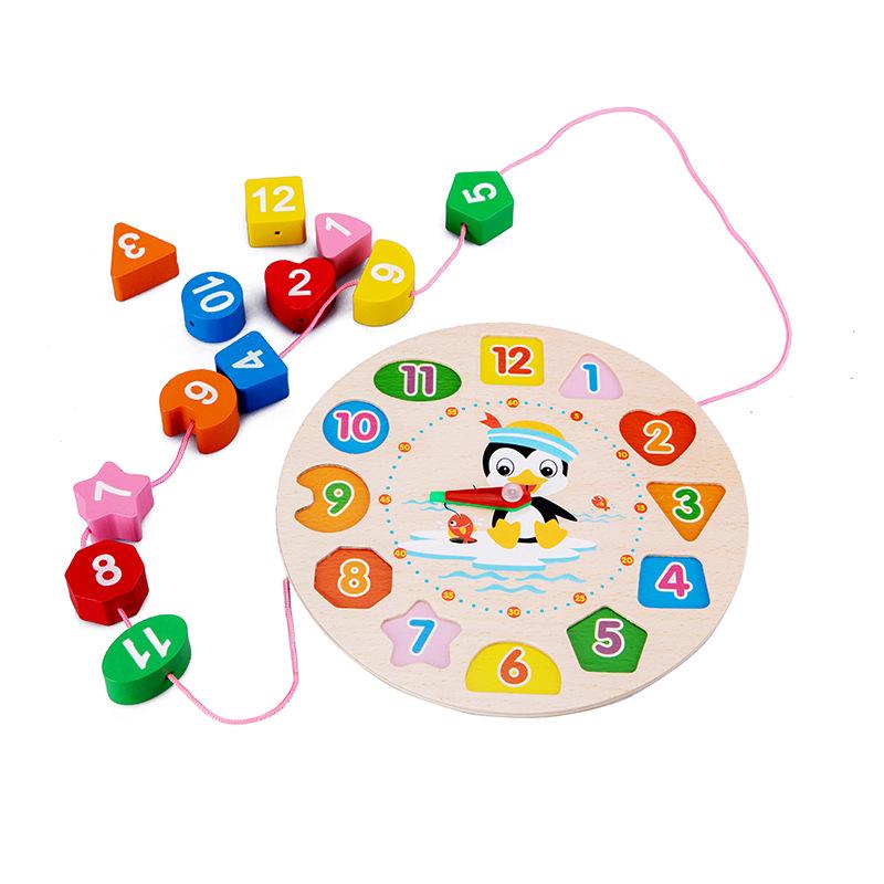 Multifunctional Wooden Beaded Toy: Digital Clock & Threading Building Blocks for Early Education