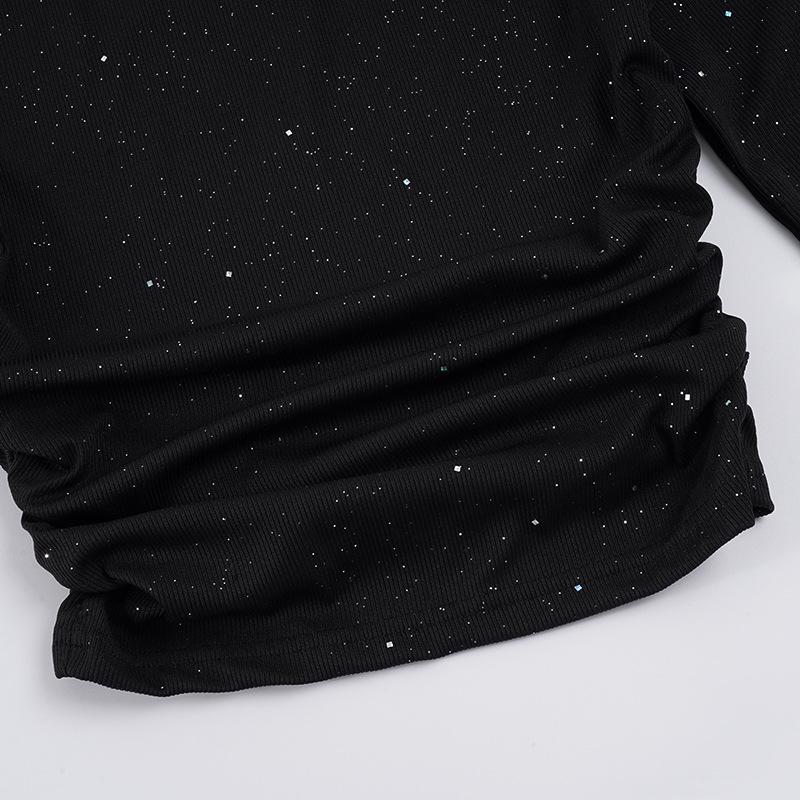 Women's Off-Shoulder Rhinestone Waist-Cinching Long-Sleeve Top