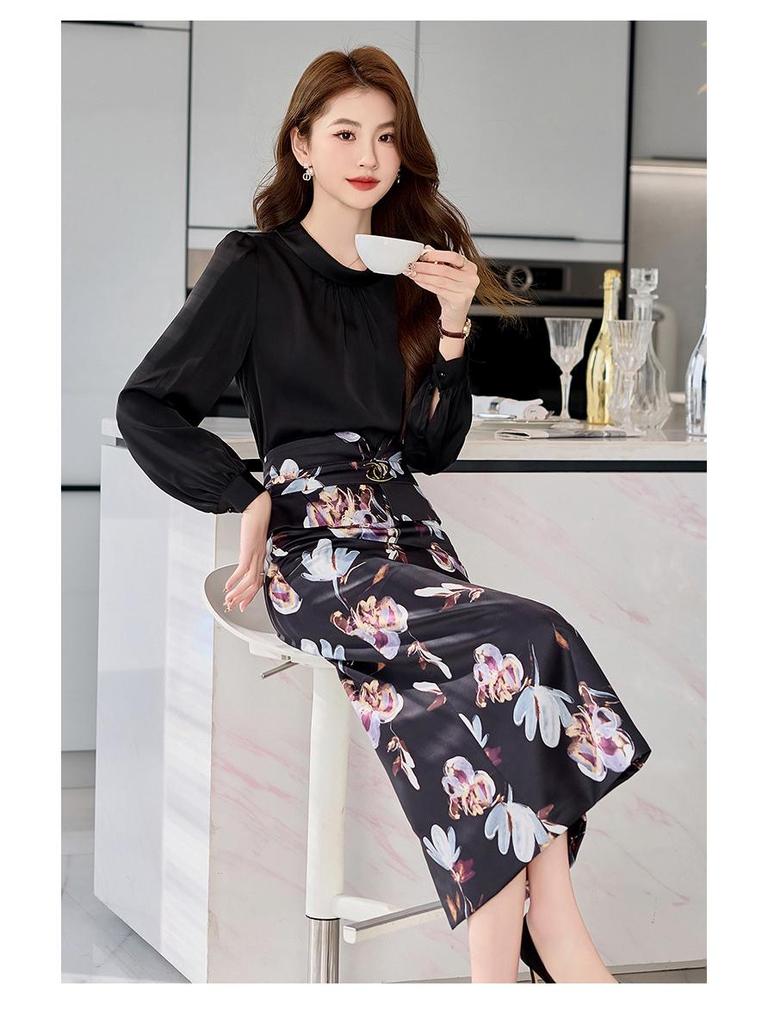 2025 Spring Fashion Slim Fit Long-Sleeve Shirt & Midi Skirt Set
