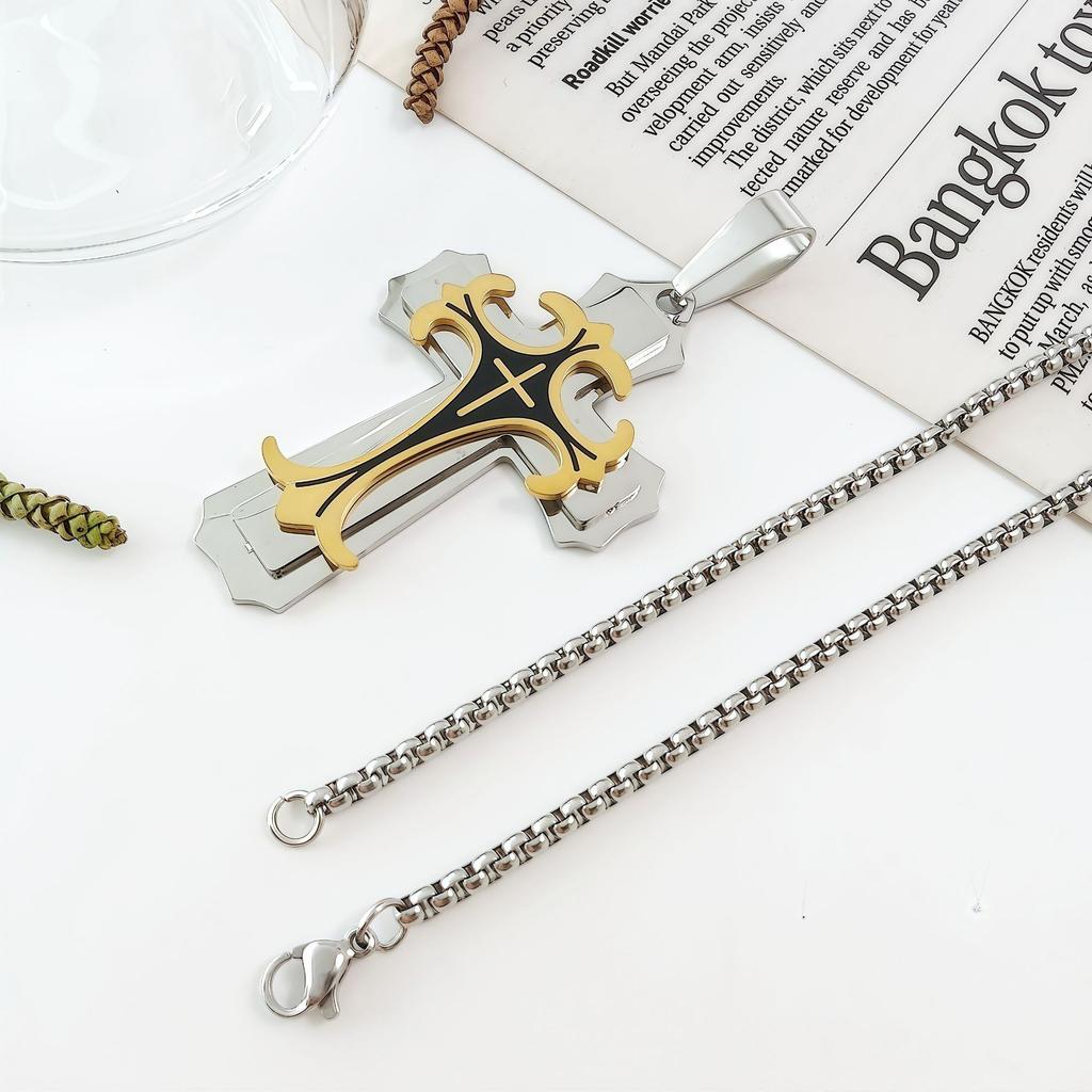 New Trendy Men's Titanium Steel Flat Section Necklace from Europe and America, Stainless Steel Oil Drop Cross Pendant