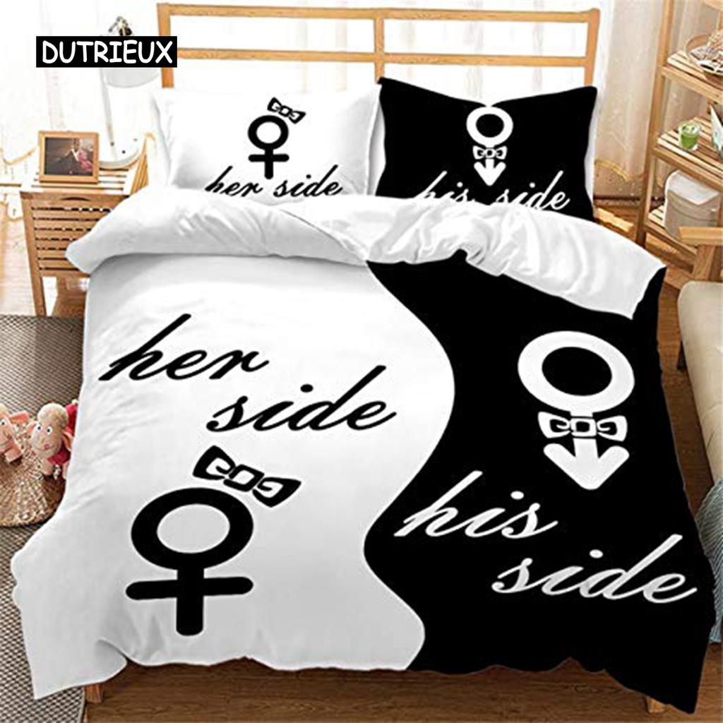 Black and White Duvet Cover Set King and Queen Bedding Set for Couple Romantic Valentine's Day Presents Polyester Duvet Cover
