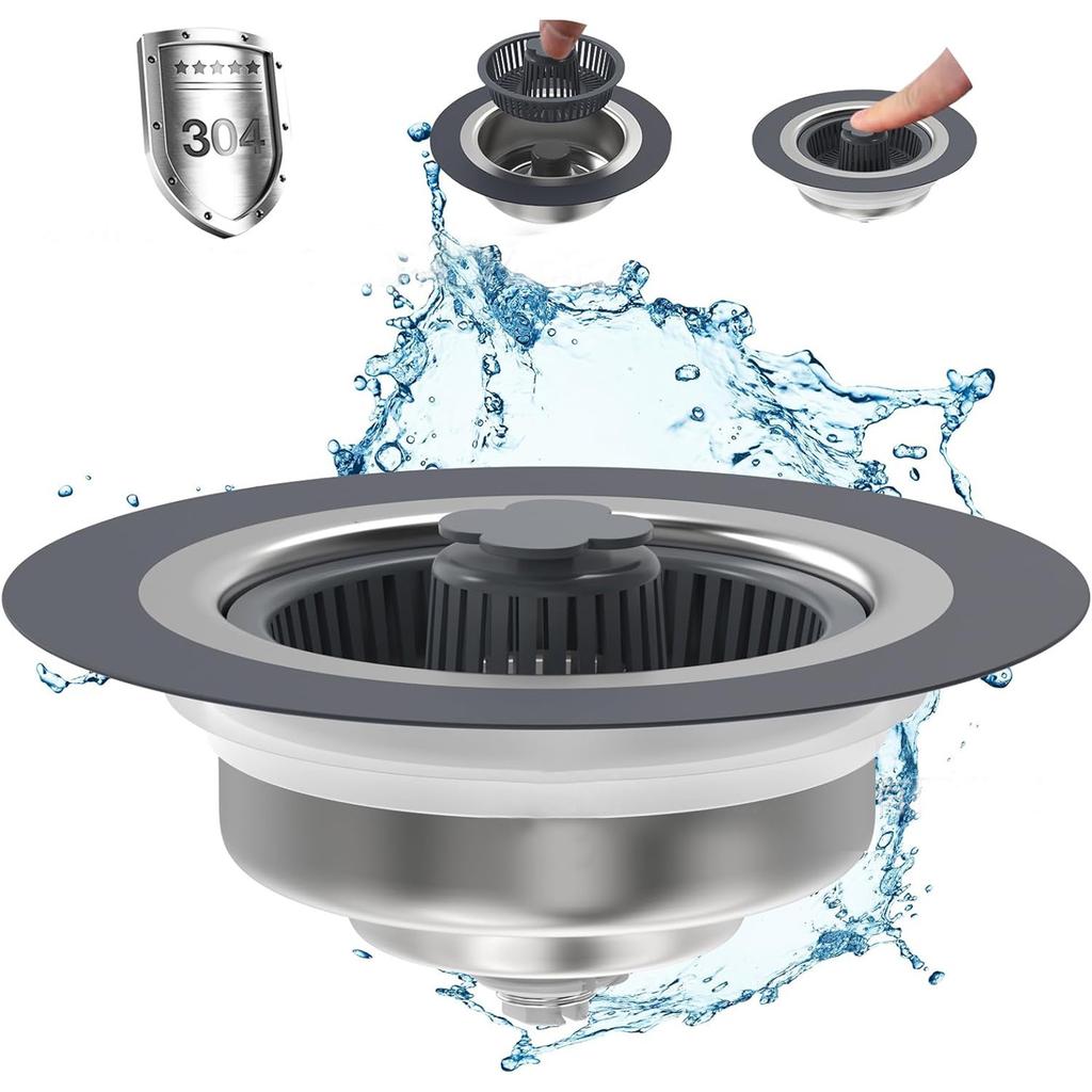 Sítko do kuchyňského dřezu pro odpadní trubky o průměru 3-1/2 palce, Vyskakovací zátka do dřezu z nerezové oceli 304, Košové sítko se 3 vrstvami gumových kroužků proti ucpávání