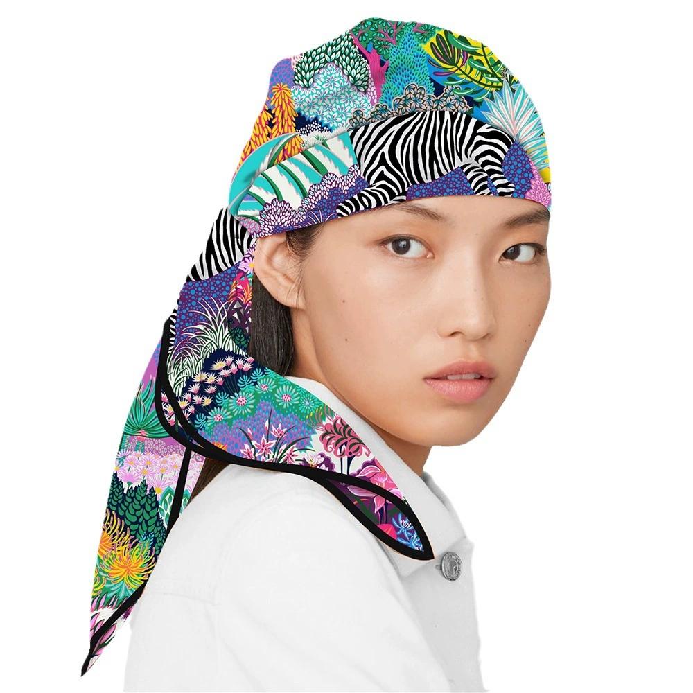Women Daily 90CM Square Twill Scarf Shawl Hijabs Luxury Jungle and Zebra Printed Bandana Foulard Neckerchief For Ladies