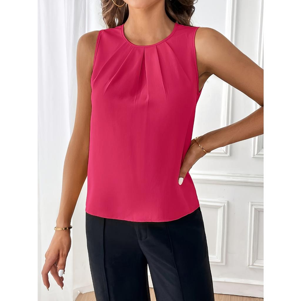Women's Elegant Solid Color Crew Neck Tank Top, 100% Polyester Non-Stretch Woven Fabric, Fashionable Top for All Seasons