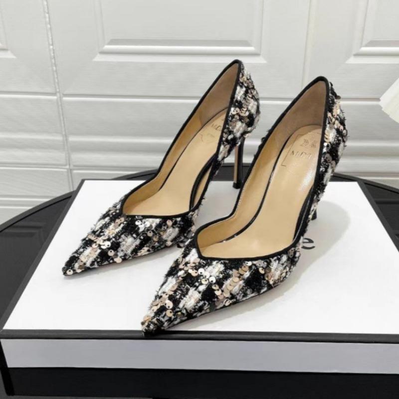 2025 Spring New High-heeled Women's Fashion Pointy Light Mouth Sequin Cloth Slip-on Slip-on Wear-resistant Fine Heel Shoes