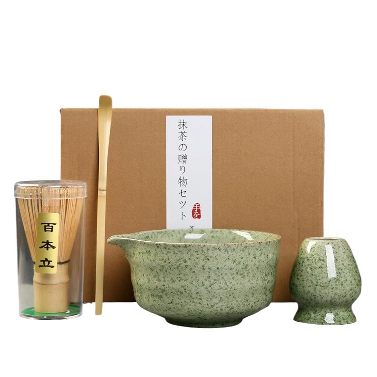 

4-Piece Matcha Tea Ceremony Set, Japanese Tea Ceremony Utensils, Tea Bowl, 100-Standing Chasen, Chashaku (Tea Scoop), Matcha Powder, and Whisk (Green)