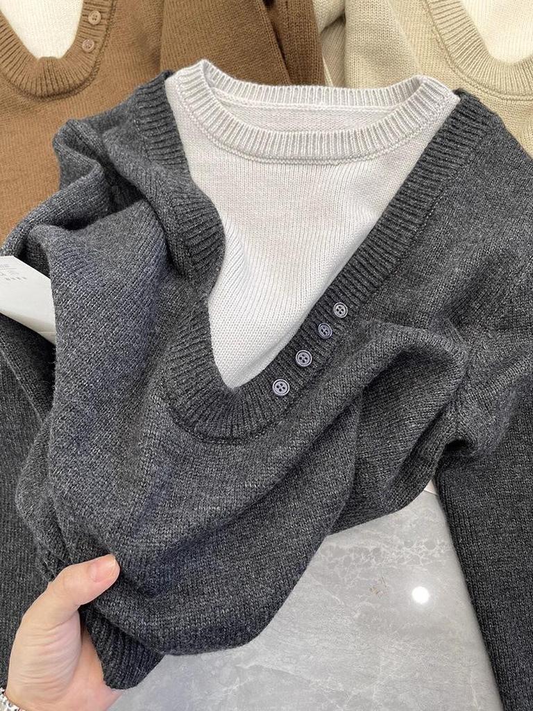 2025 A/W Wool Knitwear: Chic Women's Faux Two-Piece Sweater