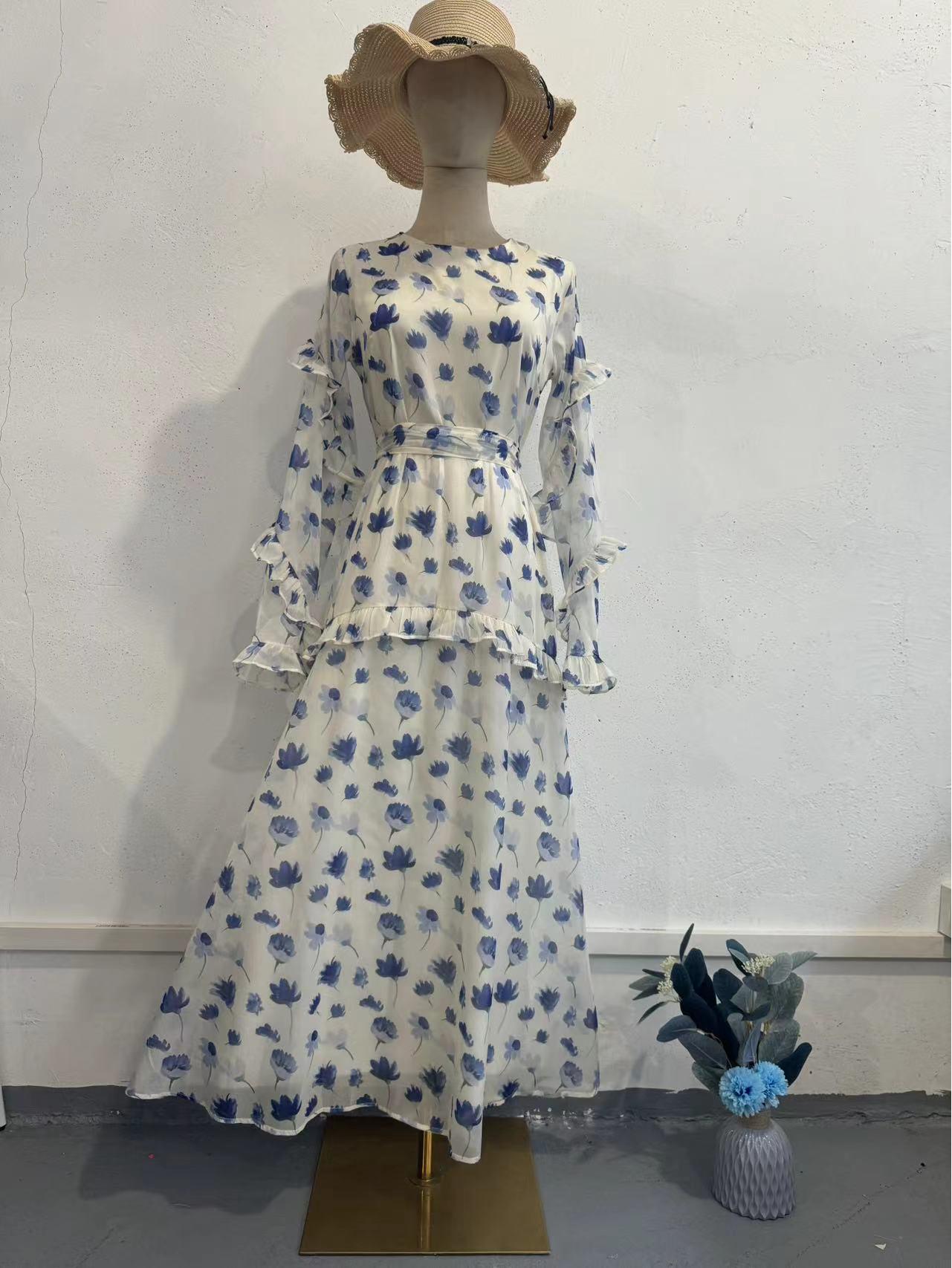 

Женское платье с цветочным принтом 2024 - Нежный стиль, круглый вырез, длинный рукав, с оборками XXL