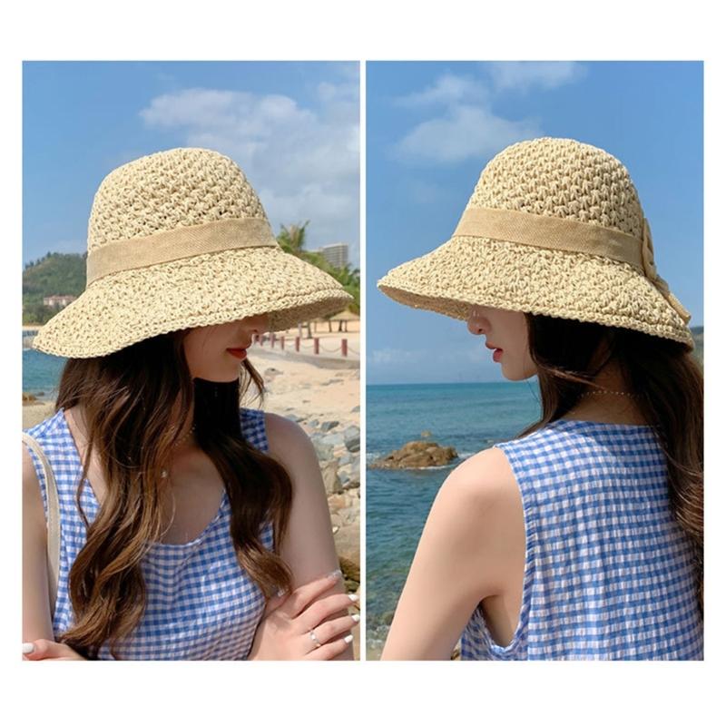 Elegant Bows Straw Hat for Women Breathable Summer Beach Hat Sun Protections Wide Brims Fisherman Cap