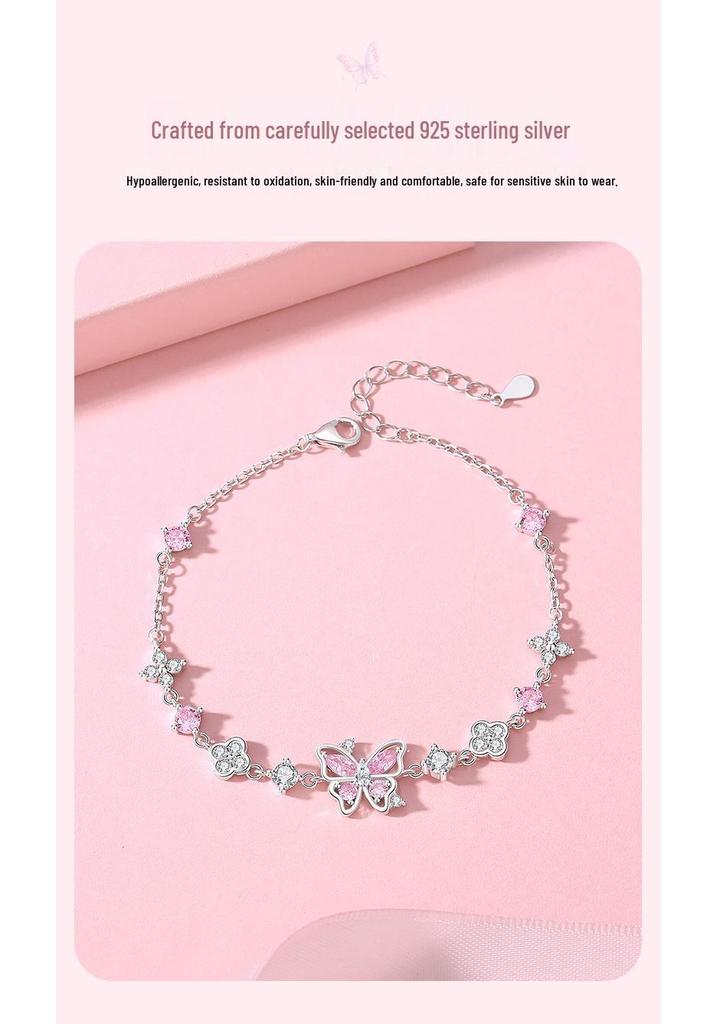 Tichia S925 Sterling Silver Butterfly Dance Bracelet with Pink Zircon Butterflies and Flowers for Women