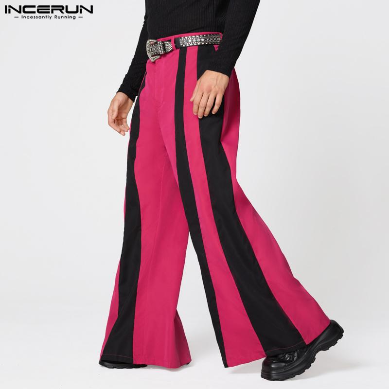 INCERUN Men's High Zipper Waist Striped Patchwork Casual Long Flare Pants Trousers
