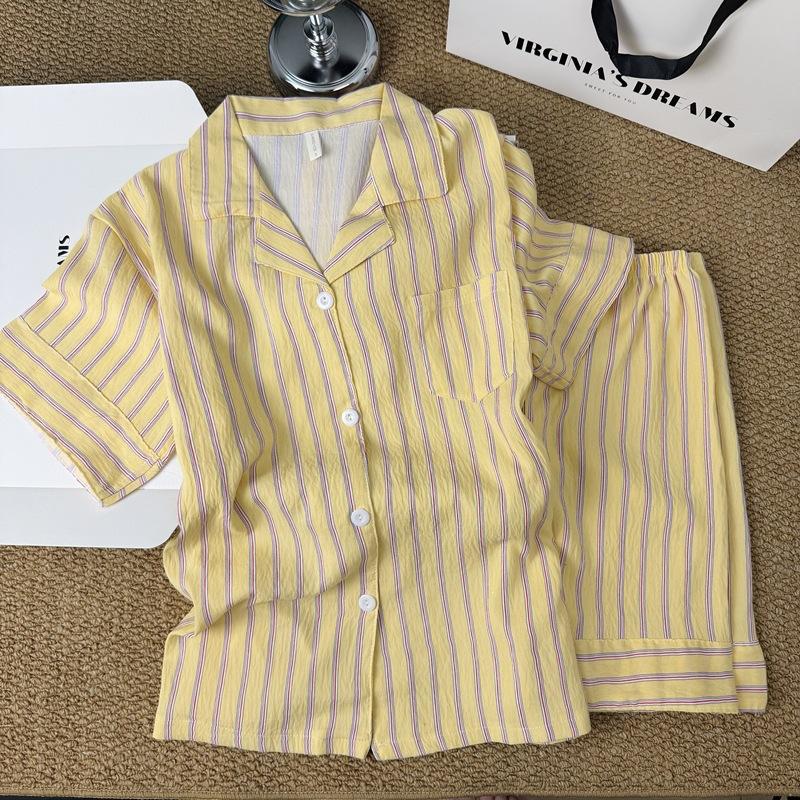 

Korean simple contrasting striped pajamas women s new summer loose lazy short-sleeved shorts loungewear two-piece set XXL