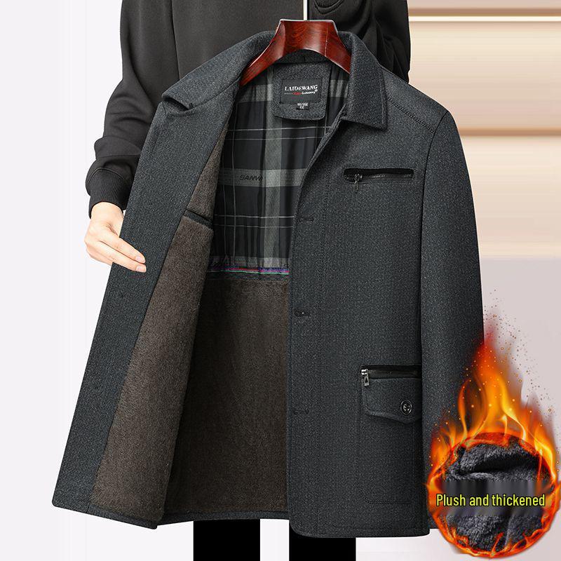 Men's Plus Velvet Turn-Down Collar Jacket for Middle-Aged and Elderly - Thick Autumn/Winter Business Coat