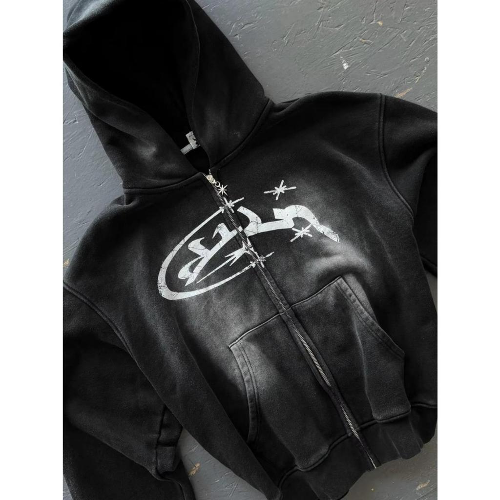 GLYDE Divin Vintage Praná Zipová Mikina Y2K Bunda Pánská Rock Hip Hop Patchwork Vyšívaná Oversized Mikina S Dlouhým Rukávem