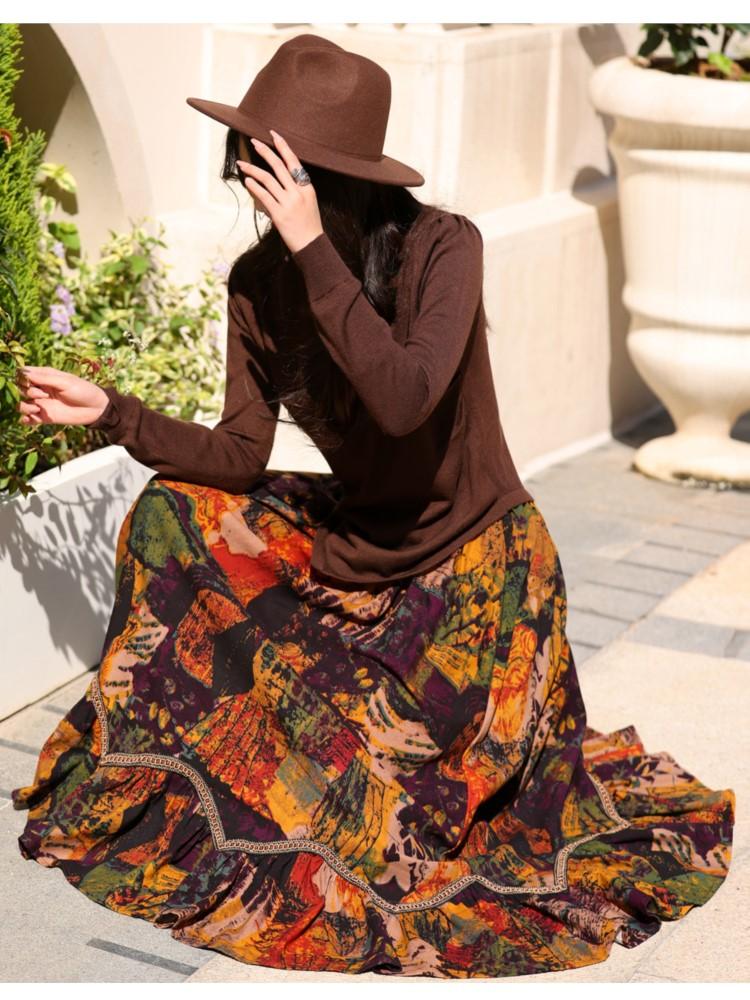 Johnature Oil Painting Printing Niche Design Skirt Woman Spring New Vintage Splicing Personality Skirt