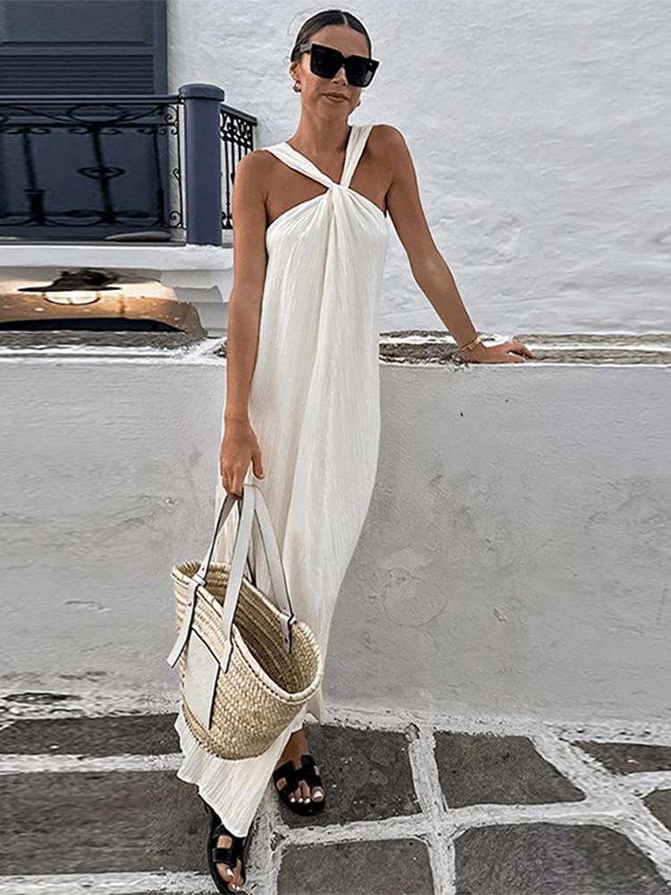 Halter Beach Long Dress Women Summer Sleeveless Backless Maxi Holiday Party Chic Lady Robe