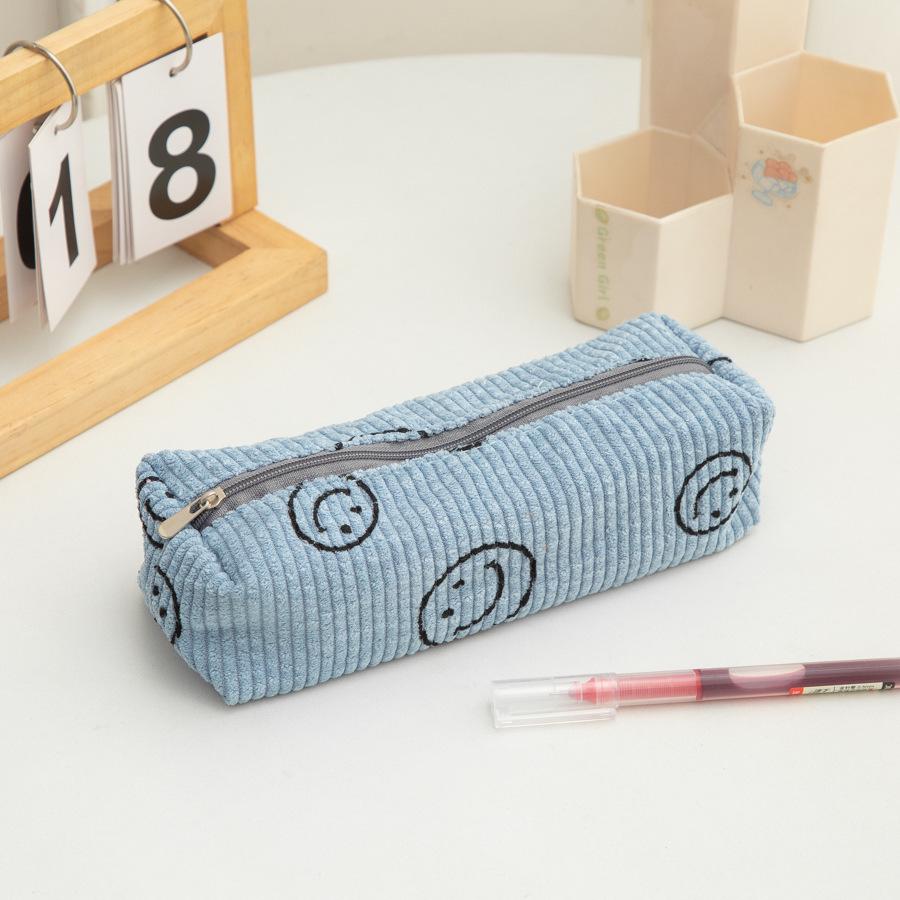 

Smiley Face Corduroy Pencil Case: Durable, Dirt-Resistant, Large Capacity Storage for Students