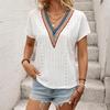 Women Ethnic Vacation Style Jacquard Lace Patchwork V Neck Batwing Short Sleeve Top