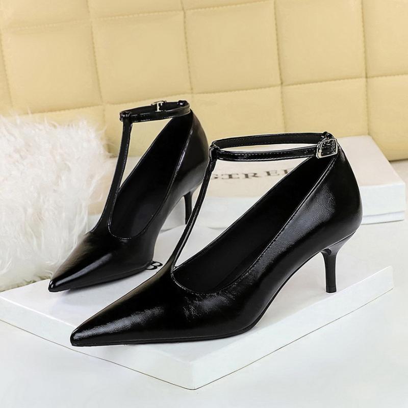 

Fashion French Style Pointed Toe High Heels Thin Heels Oily Leather T-Shaped Buckle Single Shoes For Women Fashion Simple Women s Shoes 35