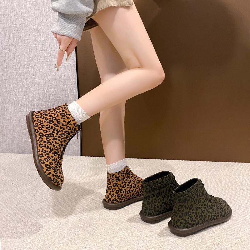 Autumn and Winter New European and American Simple and Versatile Leopard Print Low Heel Short Tube Front Zipper  Large Size Fashion Boots