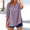 Women's Fashion Loose Standing Collar Button Split Cotton Linen Seven Sleeve T-Shirt Top