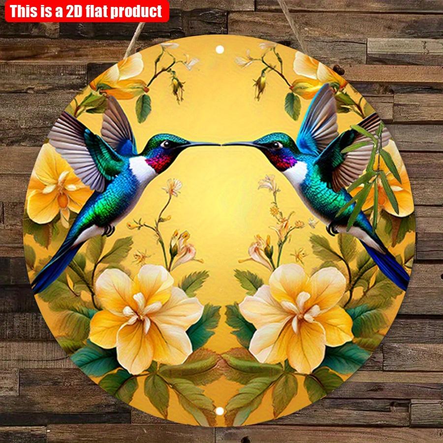 2D Flat 20*20cm 1pc Retro Hummingbirds Flying Under Yellow Flowers Scenery Round Wooden Door Sign, Nostalgic&Beautiful Pendant For Cafe Garage Window