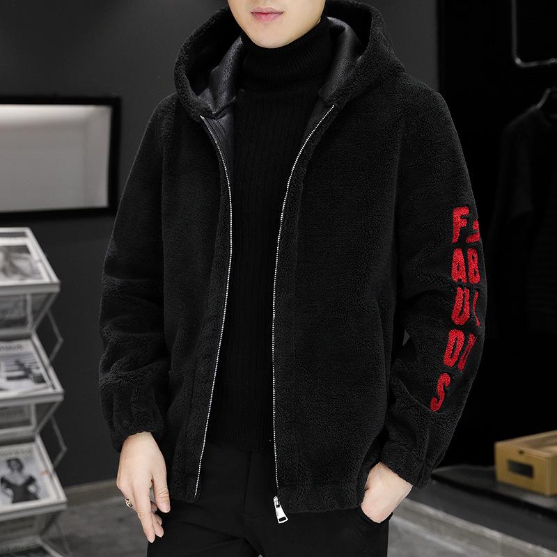 Men's Lambswool Hooded Wool Jacket with Fleece Lining and Embroidered Design