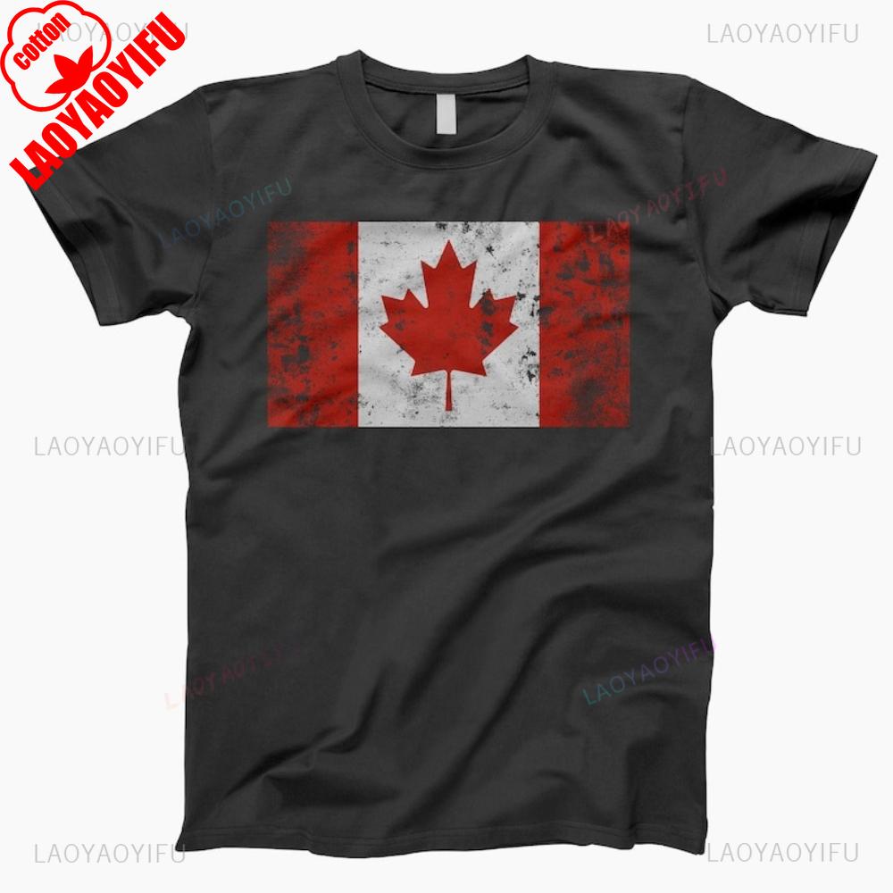 Vintage Distressed Canadian Flag Graphic T Shirts Woman Man Summer High Quality Cotton Tshirt Retro Casual Streetwear Clothes
