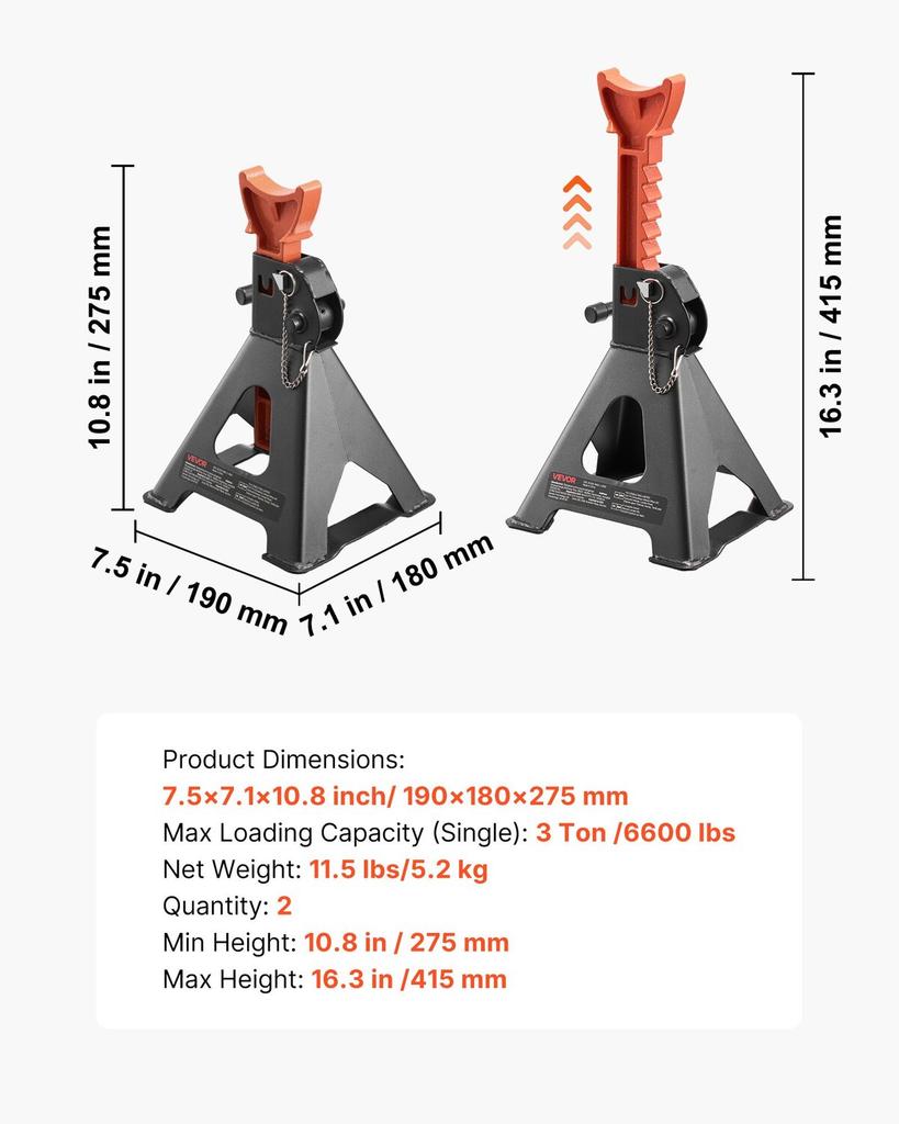 Jack Stands, 3 Ton (6,600 lbs) Capacity, 275-415 mm Adjustable Height, Heavy Duty Steel Jack Auto Stands with Double Locking, for Lifting SUV, Pickup,
