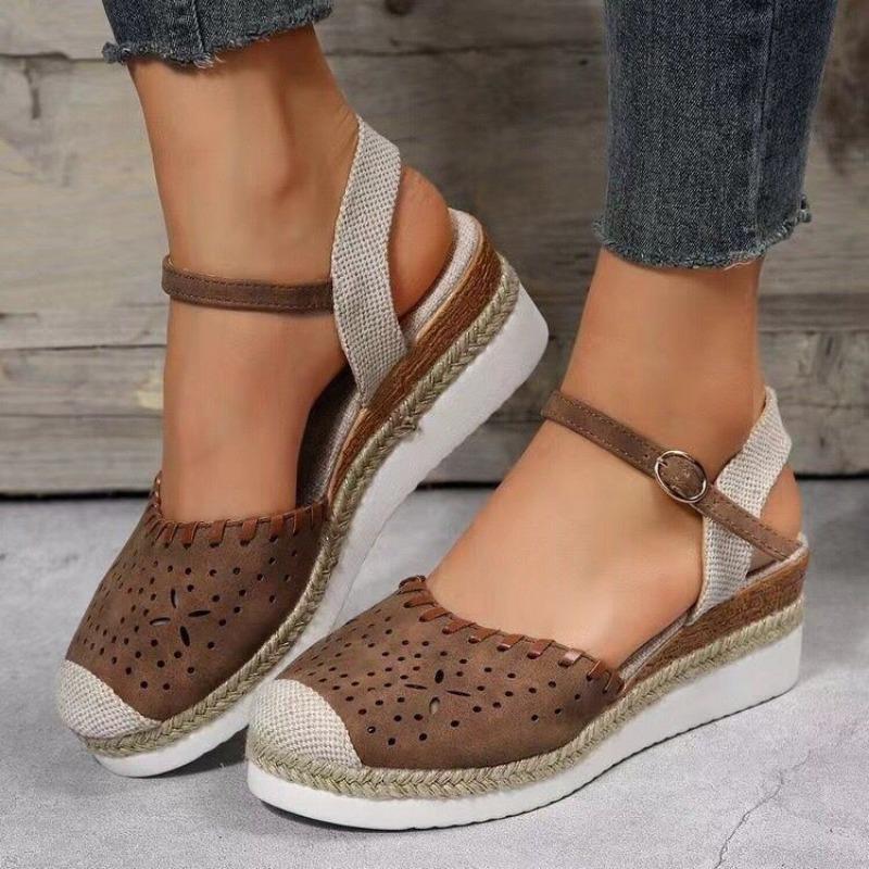 Large size wedge heel women's sandals summer new flat bottom bag head casual hollow buckle middle heel women's sandals