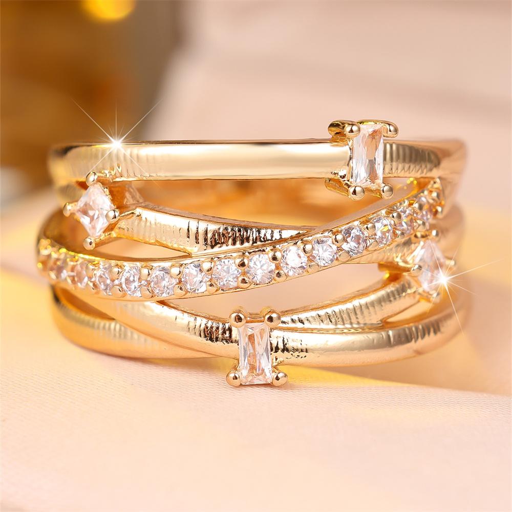 White Zircon Luxury Crystal Geometric Crossed Stone Rings For Women Gold Color Engagement Bands Charm Wedding Jewelry Accessory