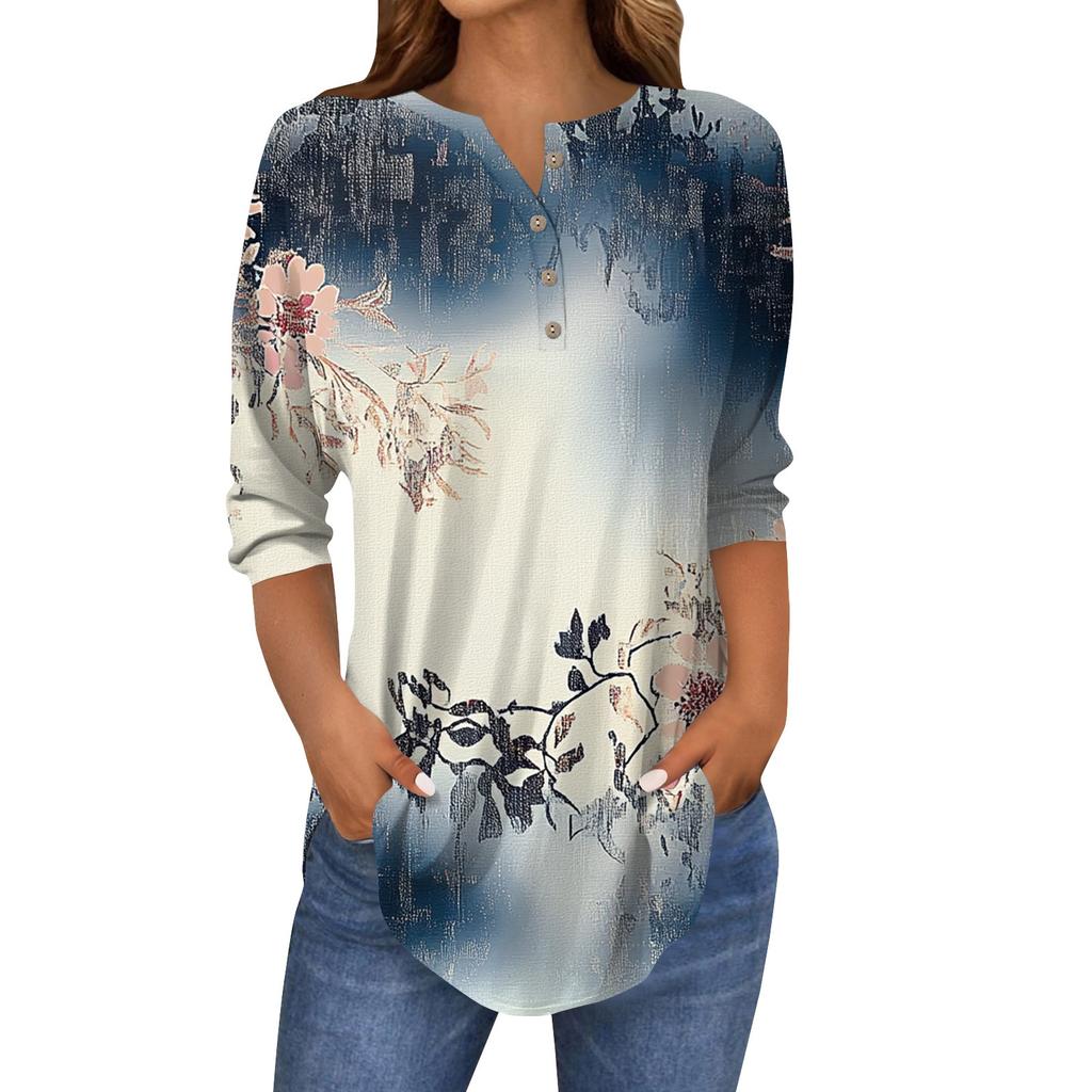 Women's Fashion Loose Button Collar Print 3/43/4  Sleeve T-Shirt Tops Pullover