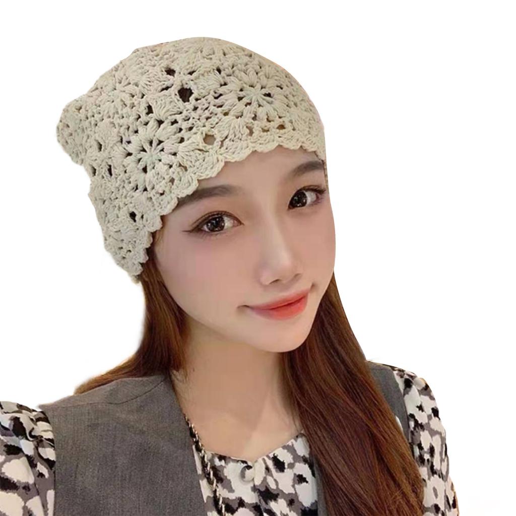 Crochet Slouchy Beanie Hat Handmade Knit Cutout Floral Skull Cap Cotton Knitted Breathable Summer Hats for Women