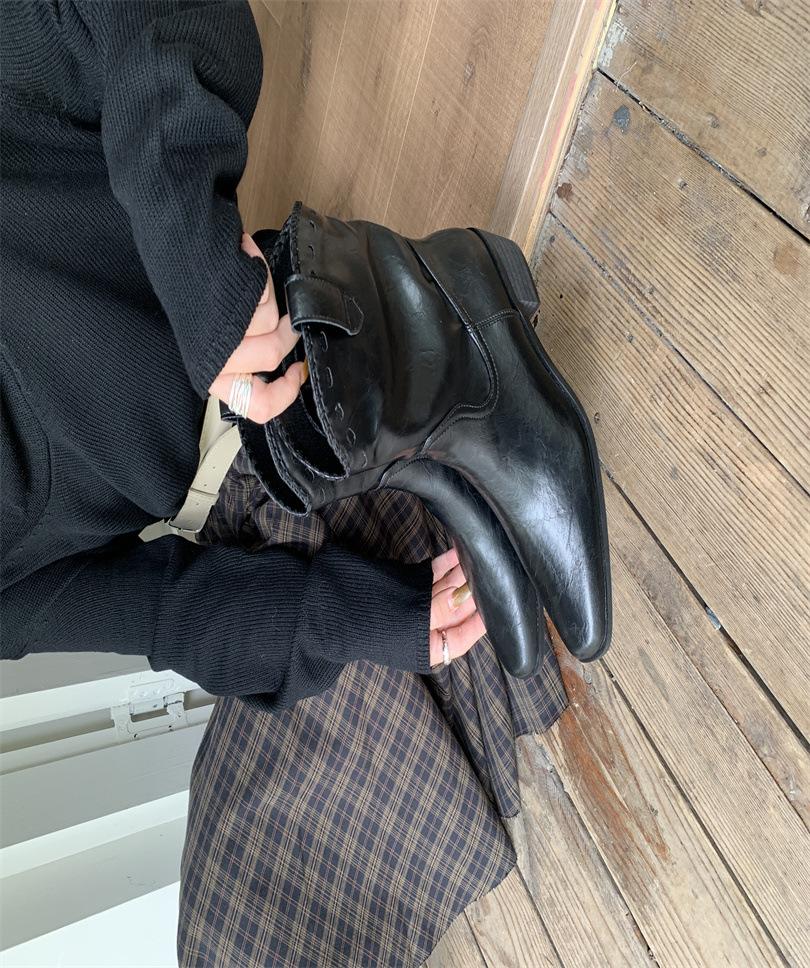 Stiefel Winter 2025 neue spitze V-Ausschnitt Westernstiefel Französische Retro Leder Blockabsatz Kurzstiefel