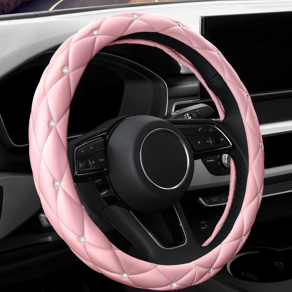 YOGURTCK Cute Diamond Soft Light Pink Leather Anti-Slip Steering Wheel Cover with Bling Crystal