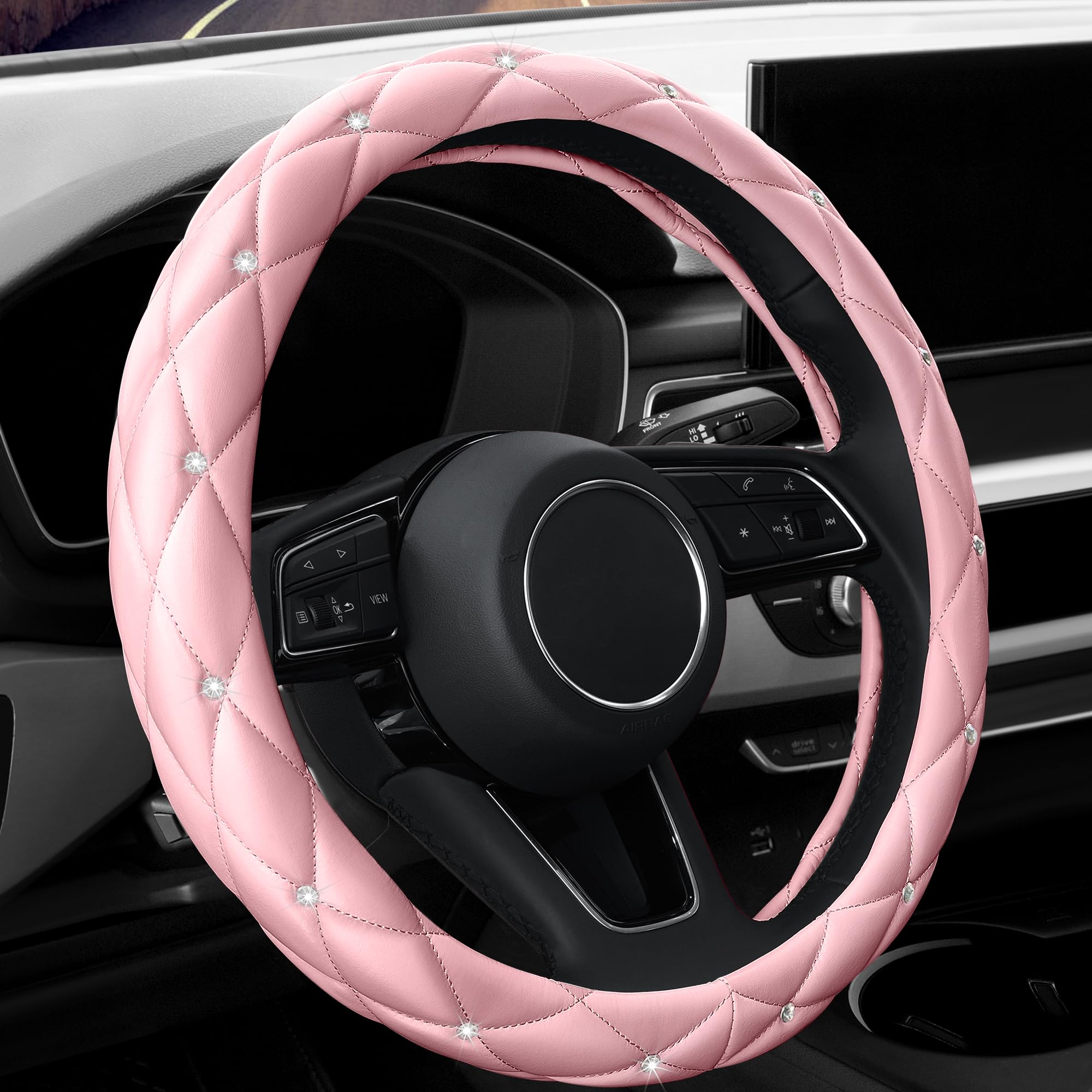 

YOGURTCK Cute Diamond Soft Light Pink Leather Anti-Slip Steering Wheel Cover with Bling Crystal L розовый