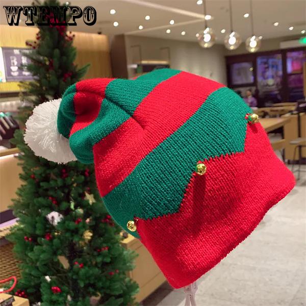 WTEMPO Adult Christmas Decorative Bell Hats Gifts Striped Warm Knitted Red Woolen Hats Elastic Windproof Cold-proof Couple Christmas Hats