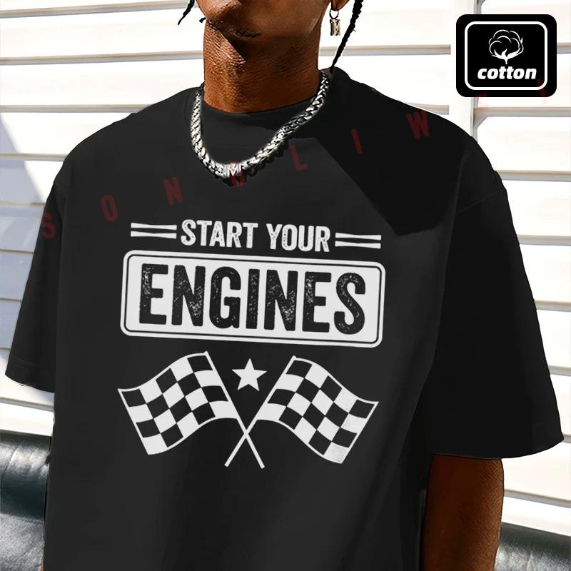 Men's Cotton T-Shirt Women's Start Your Engines Vintage Checkered Flag Race Car Moto Tshirt Men