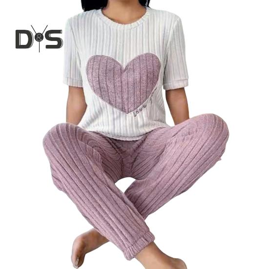 

2 шт./комплект, женская зимняя пижама, круглый вырез, узор в виде сердца, короткий рукав, домашняя одежда, топ, штаны, комплект, свободная домашняя одежда, женская ночная рубашка M фиолетовый