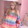 Hoodies Women Kawaii Rainbow Casual Loose Patchwork Harajuku Top Sweatshirt Clothes