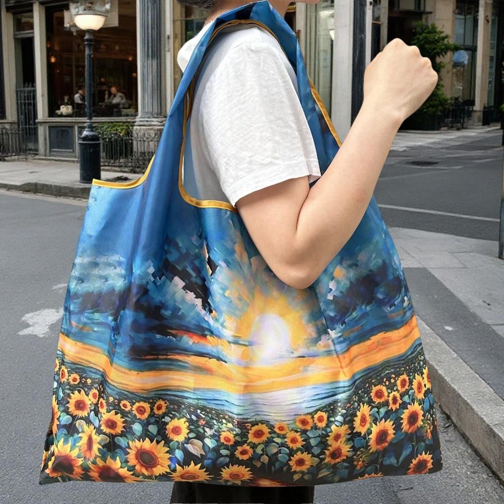 Large Foldable Shopping Bag Fashion Oil Painting Reusable Grocery Storage Bag Oxford Portable Shoulder Handbag Tote Bag